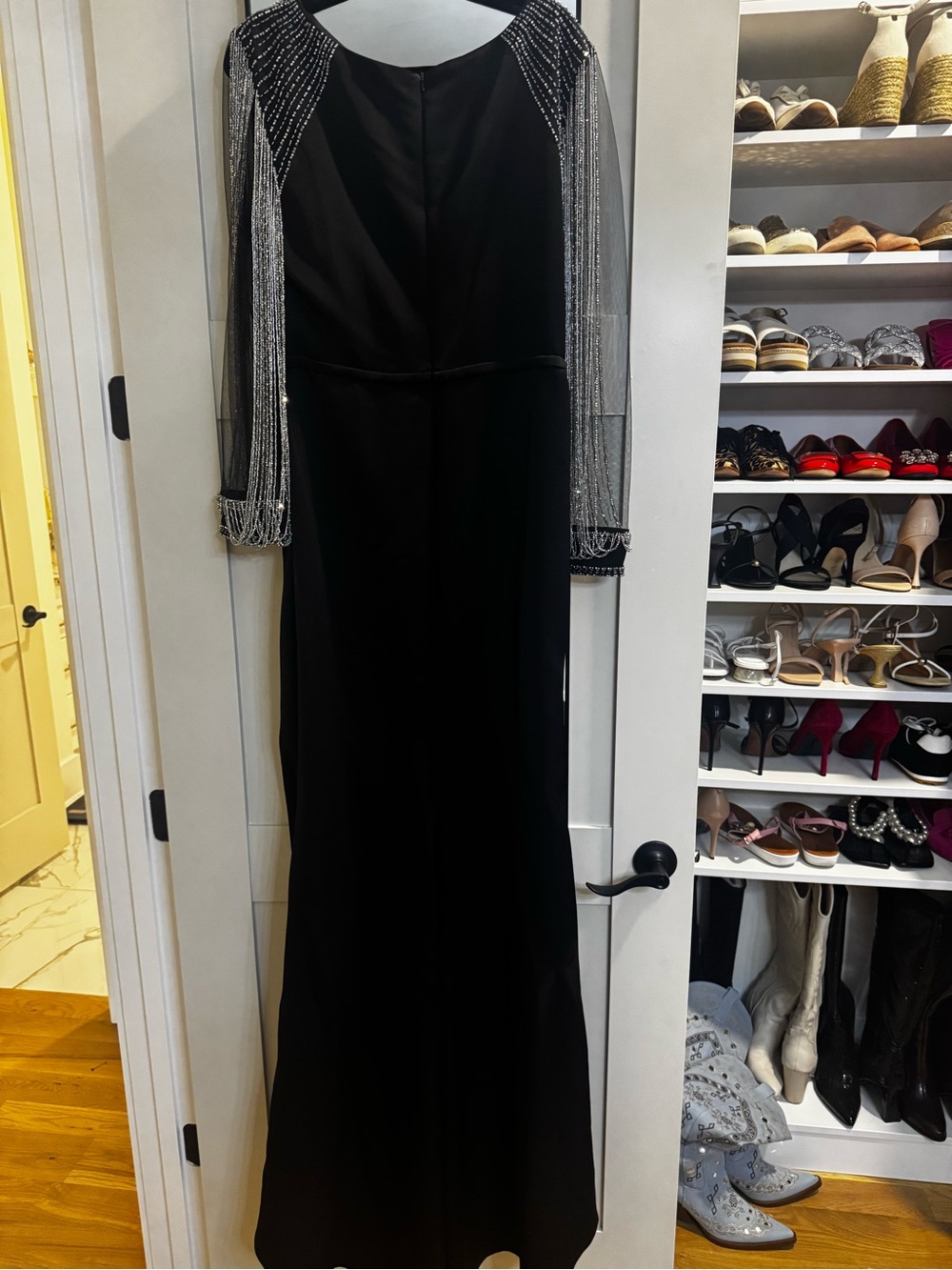 Mac Duggal Black Evening Gown with Beaded Sheer Sleeves - Picture 4 of 4